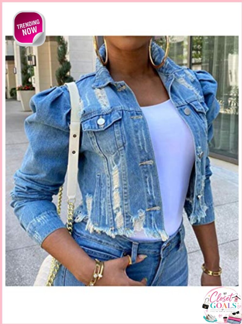 Puff Sleeve Denim Crop Top Frayed Hem Button Down Cotton Jean Jacket - Picture 2 of 6